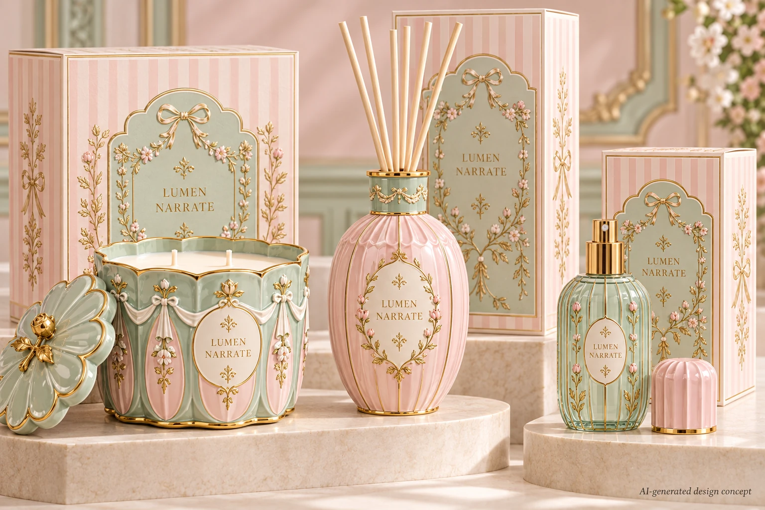 AI design concept: Blush & Celadon — Petal silhouettes, ribbon relief and soft pastel gift boxes.