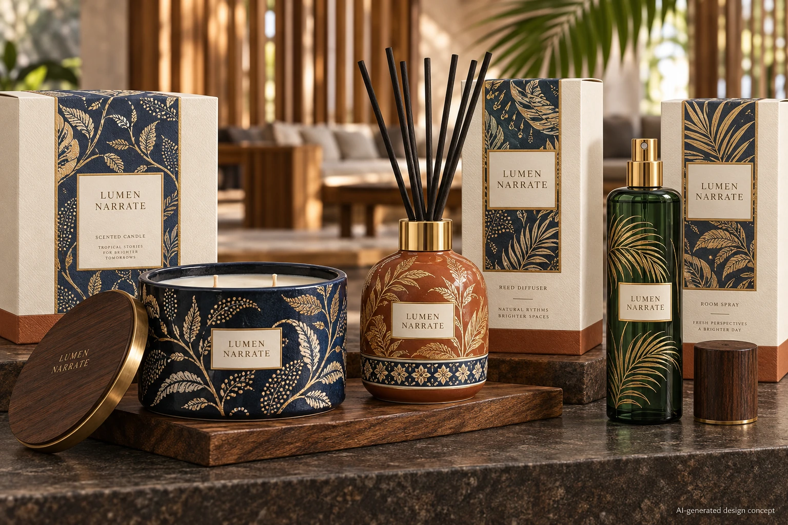 AI design concept: Indonesian Botanicals — Original — Indigo botanical decoration, terracotta, forest green and wood accents.