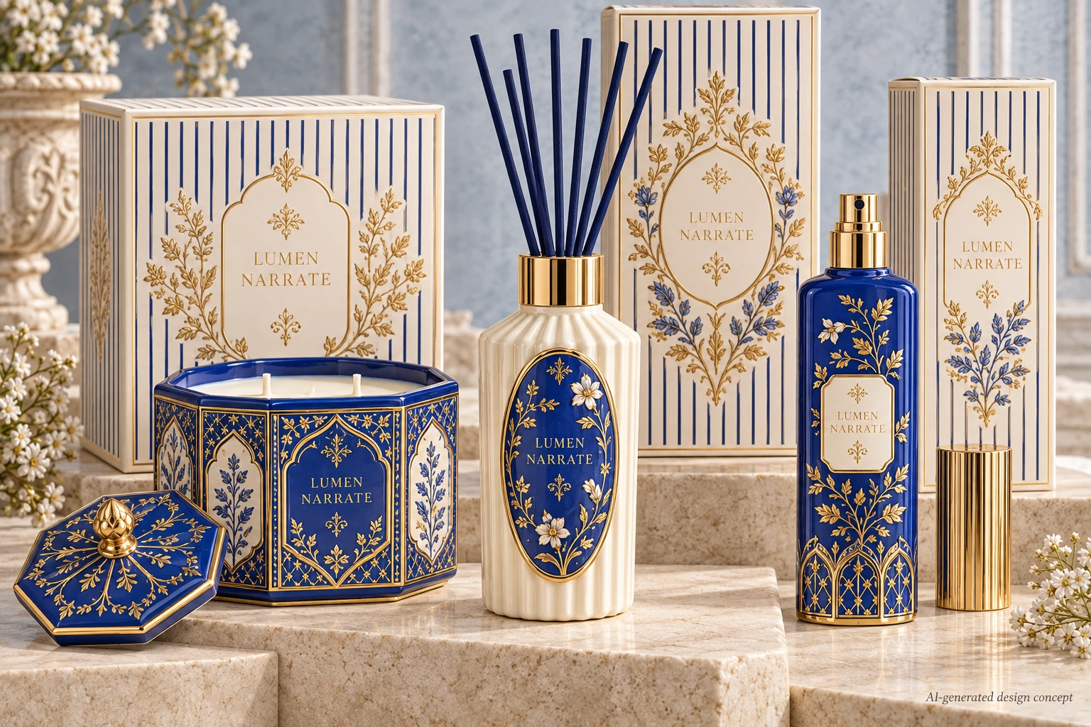 AI design concept: Cobalt & Ivory — An octagonal candle, fluted diffuser and coordinating spray with botanical gold decoration.