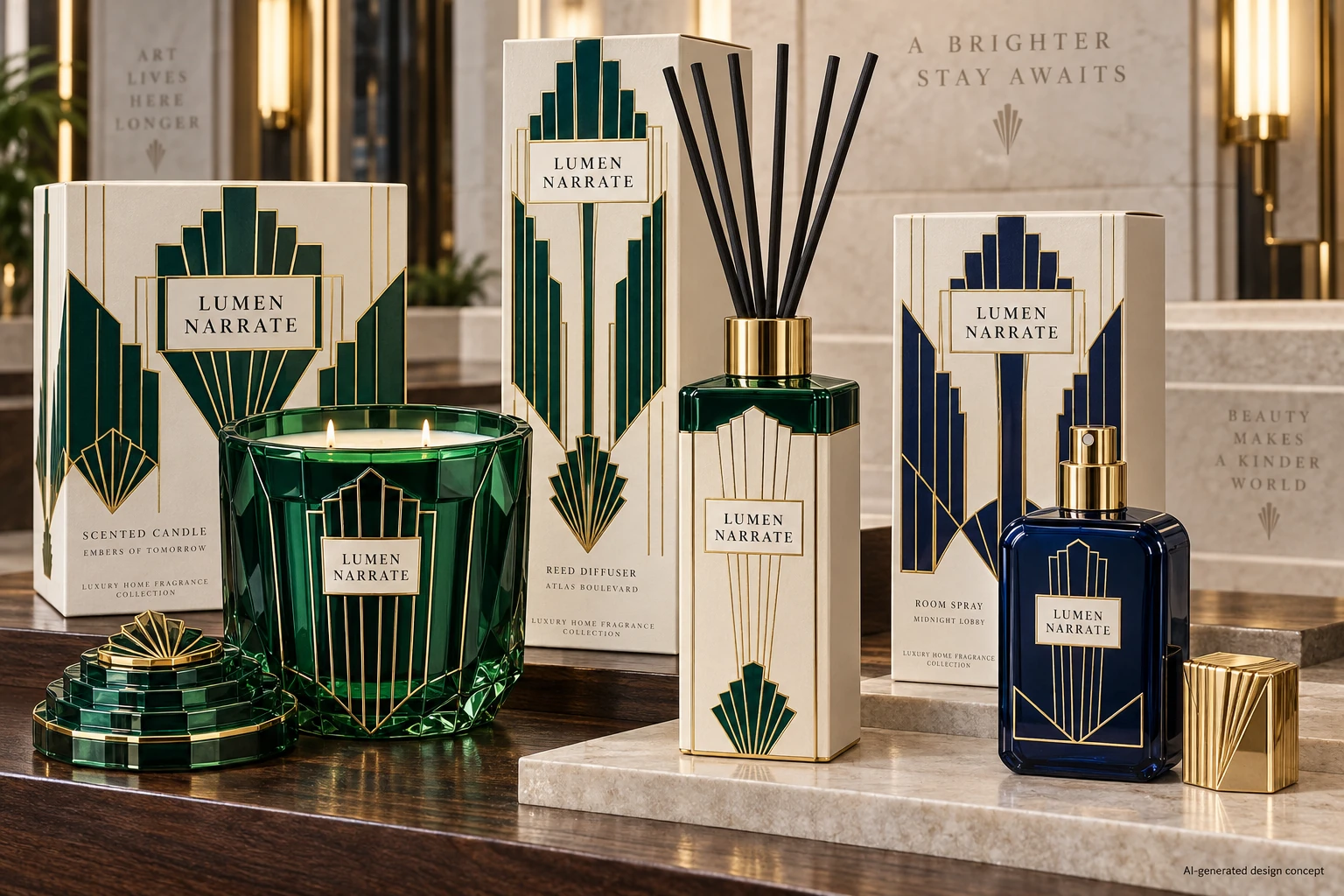 AI design concept: Deco Collection — Original — Emerald and navy with stepped architectural gold details.