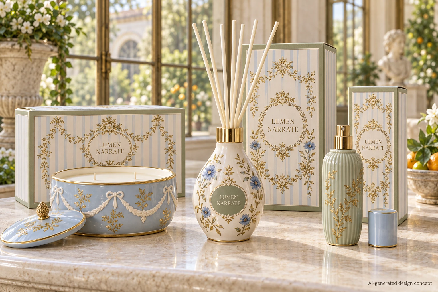 AI design concept: European Garden — Original — A French-and-Italian-inspired garden direction in pale blue, sage and ivory.