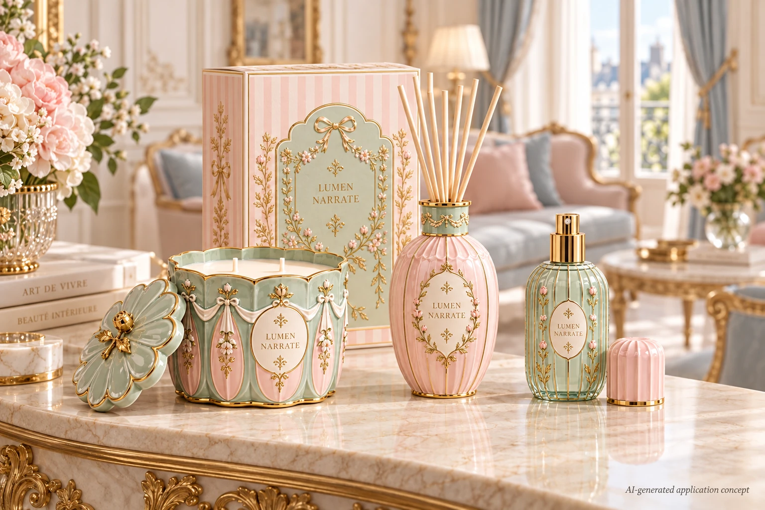 AI design concept: Grand Suite — Blush & Gold — Blush and celadon porcelain, sculpted gold details and coordinated gift packaging in an elegant suite.