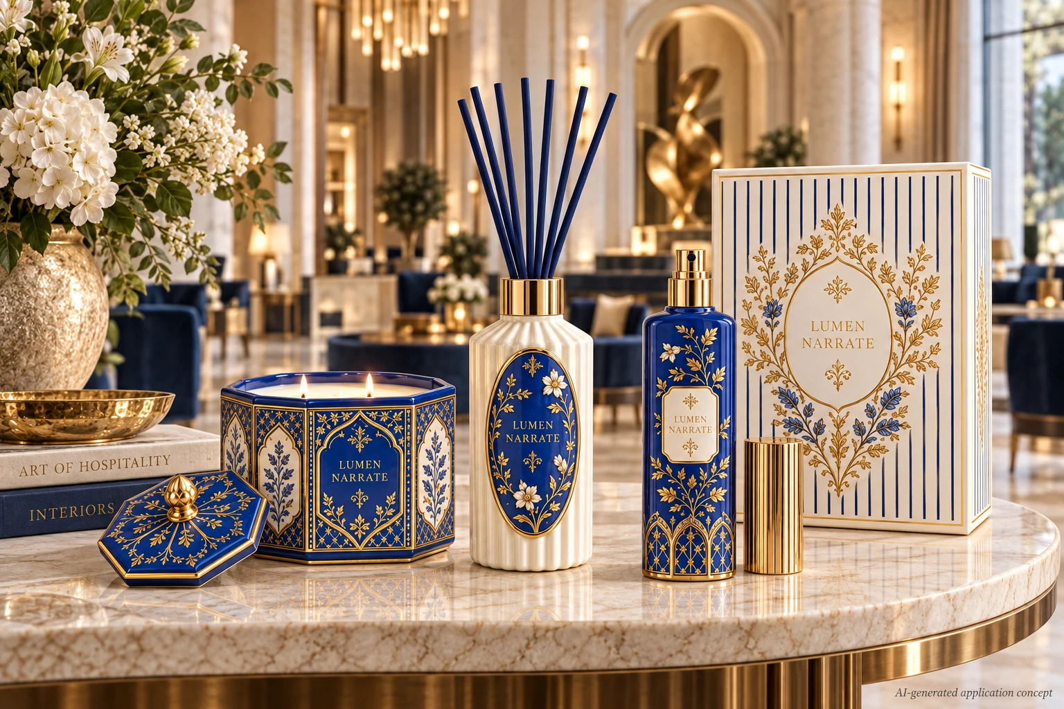 AI design concept: Signature Welcome — Cobalt & Gold — Cobalt and ivory vessels with fine gold botanical decoration, presented on a marble welcome console.