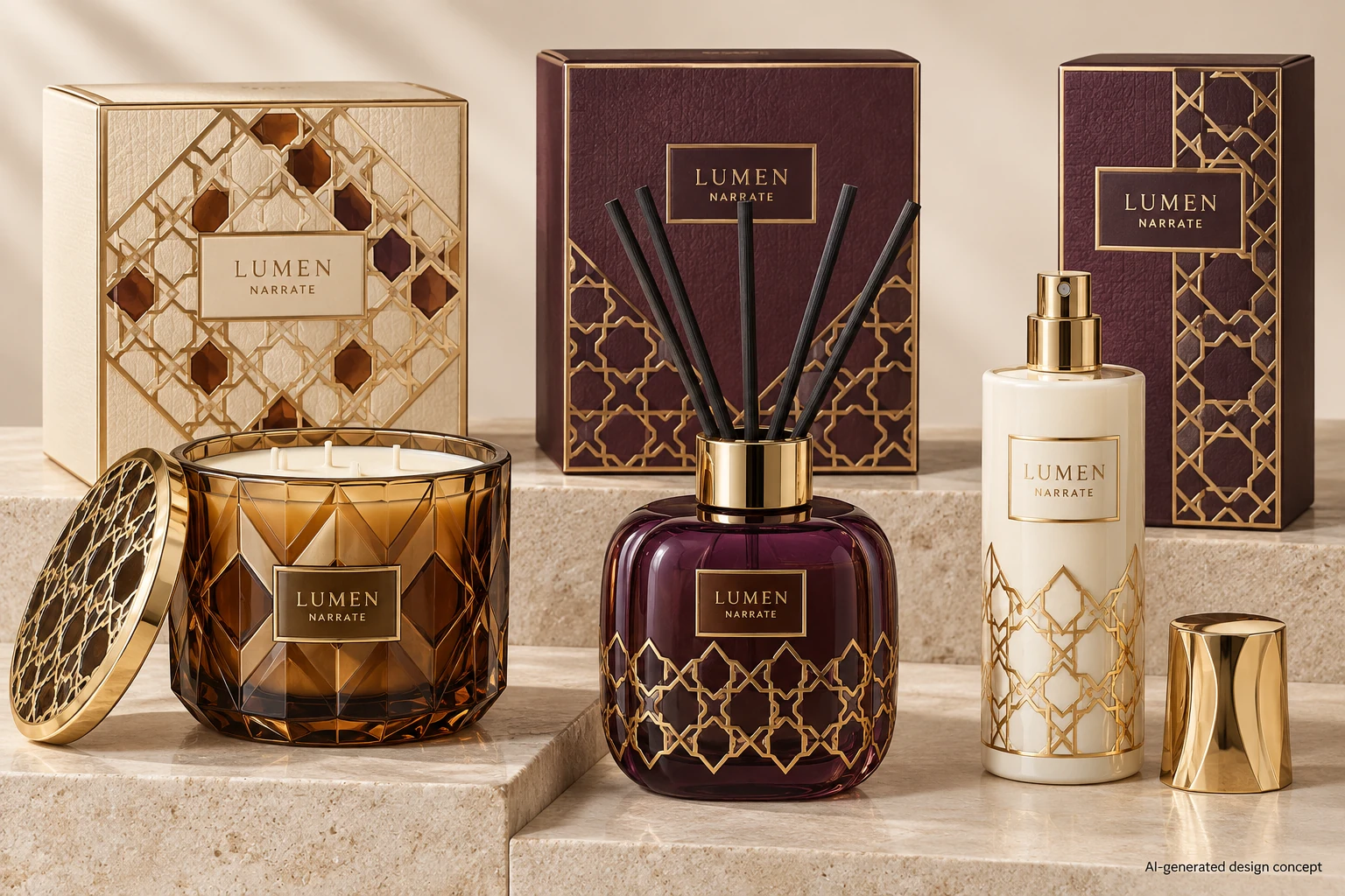 AI design concept: Amber Geometry — Amber glass, deep plum and decorative gold lattice.