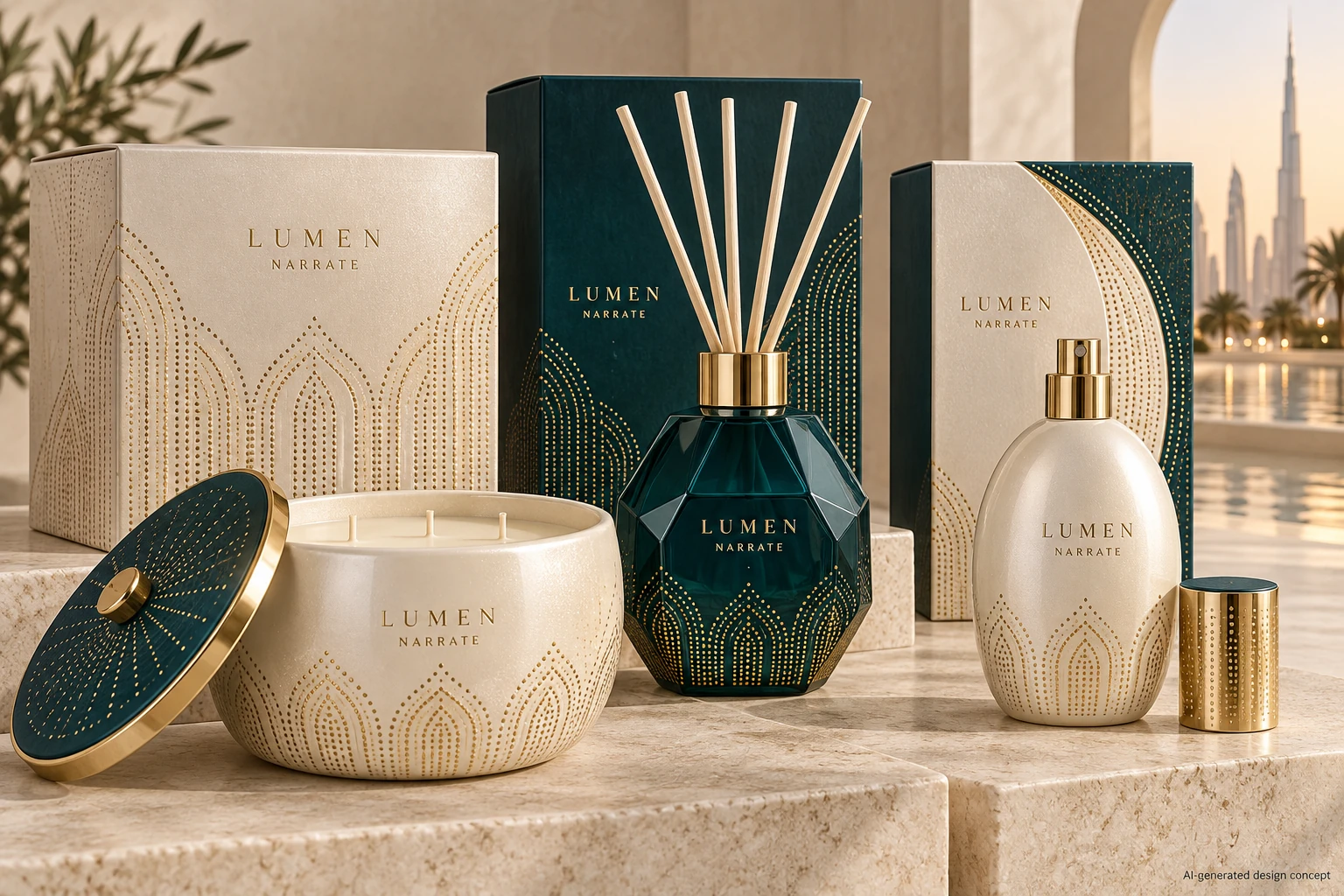 AI design concept: Pearl & Midnight — Pearl ivory, midnight teal and rich champagne gold. Original rhythmic geometric perforation-like gold relief, pearlescent surfaces, refined generous metal details without religious motifs.