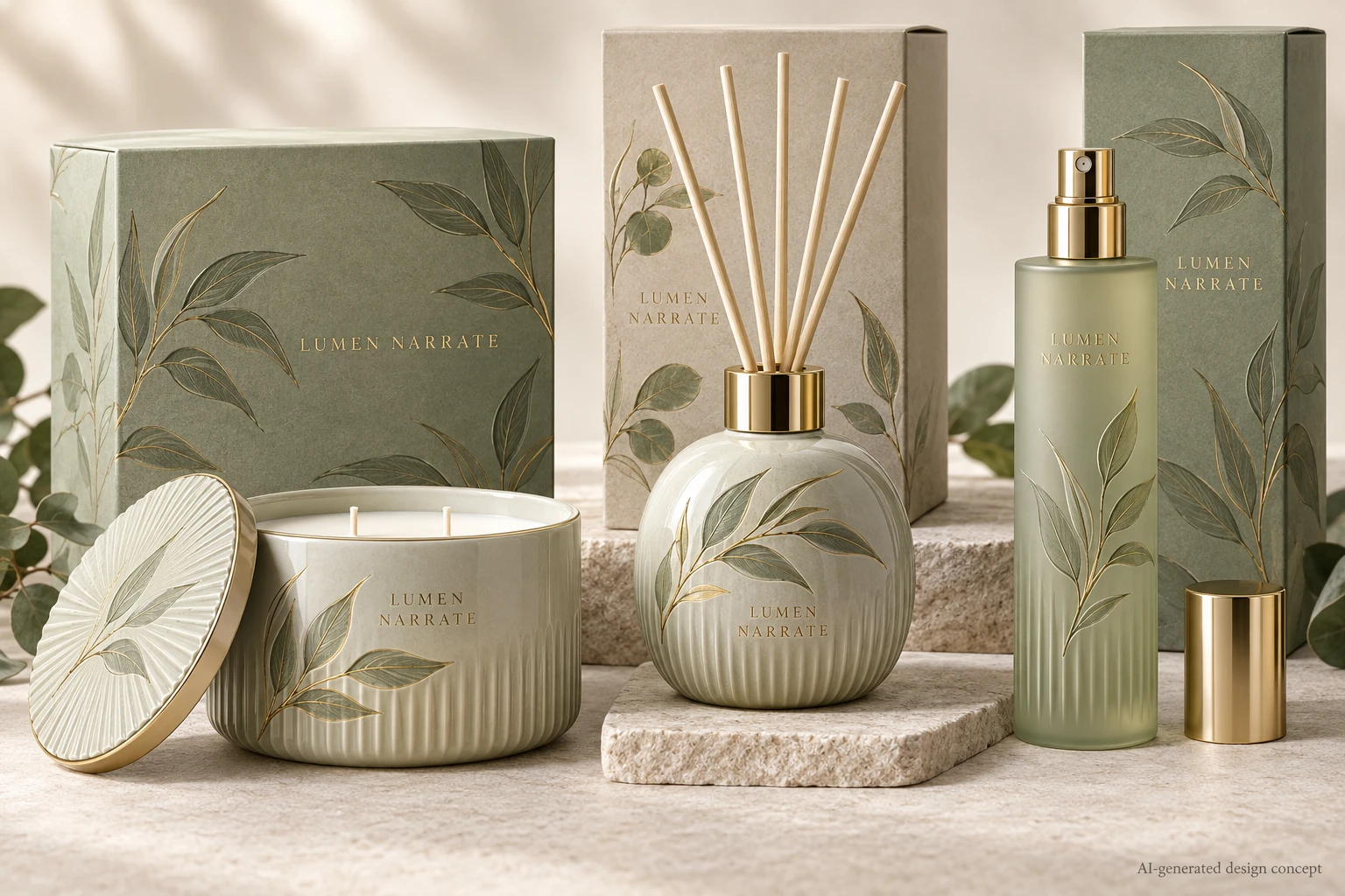 AI design concept: Coastal Botanicals — Eucalyptus tones, soft texture and champagne-gold details.