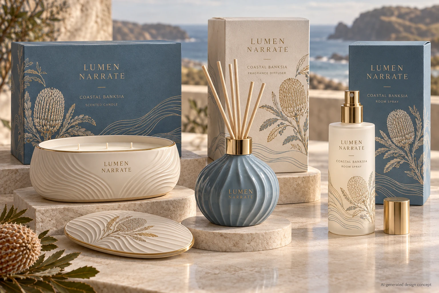 AI design concept: Coastal Banksia — Dusty ocean blue, ivory, muted clay. Original banksia botanical line art, gentle wave-like ribbing, thin champagne-gold rims.