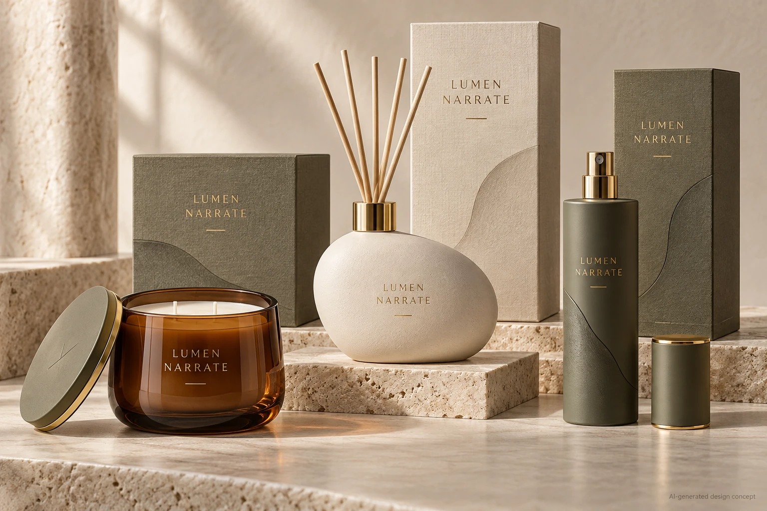 AI design concept: Amber Atelier — Warm amber, chalk ivory and olive grey. Asymmetric sculptural silhouettes, fine satin-gold rings, restrained tactile linen cartons, no florals.