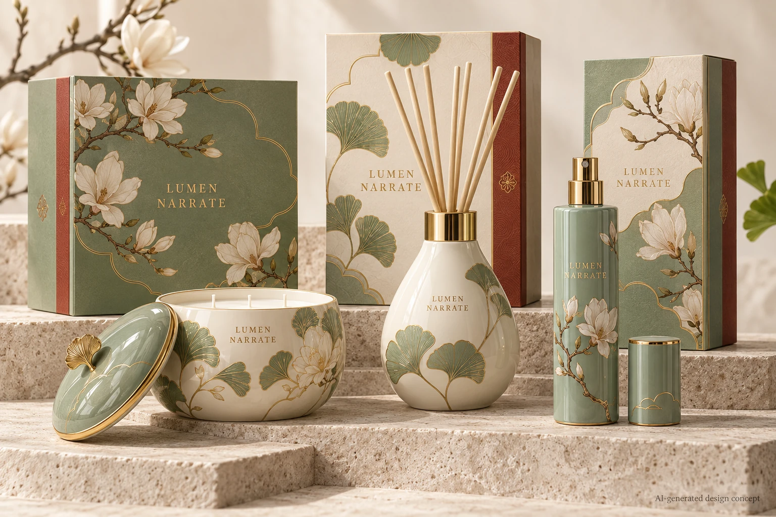 AI design concept: Celadon Botanicals — Magnolia, ginkgo and delicate gold outlines.