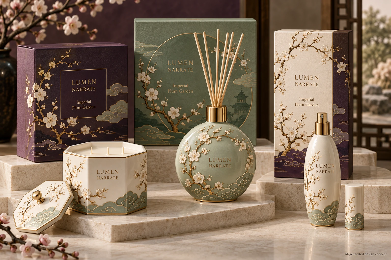 AI design concept: Imperial Plum Garden — Deep aubergine, ivory and soft jade. Original plum-blossom branches, restrained flowing cloud border, fine gold relief.