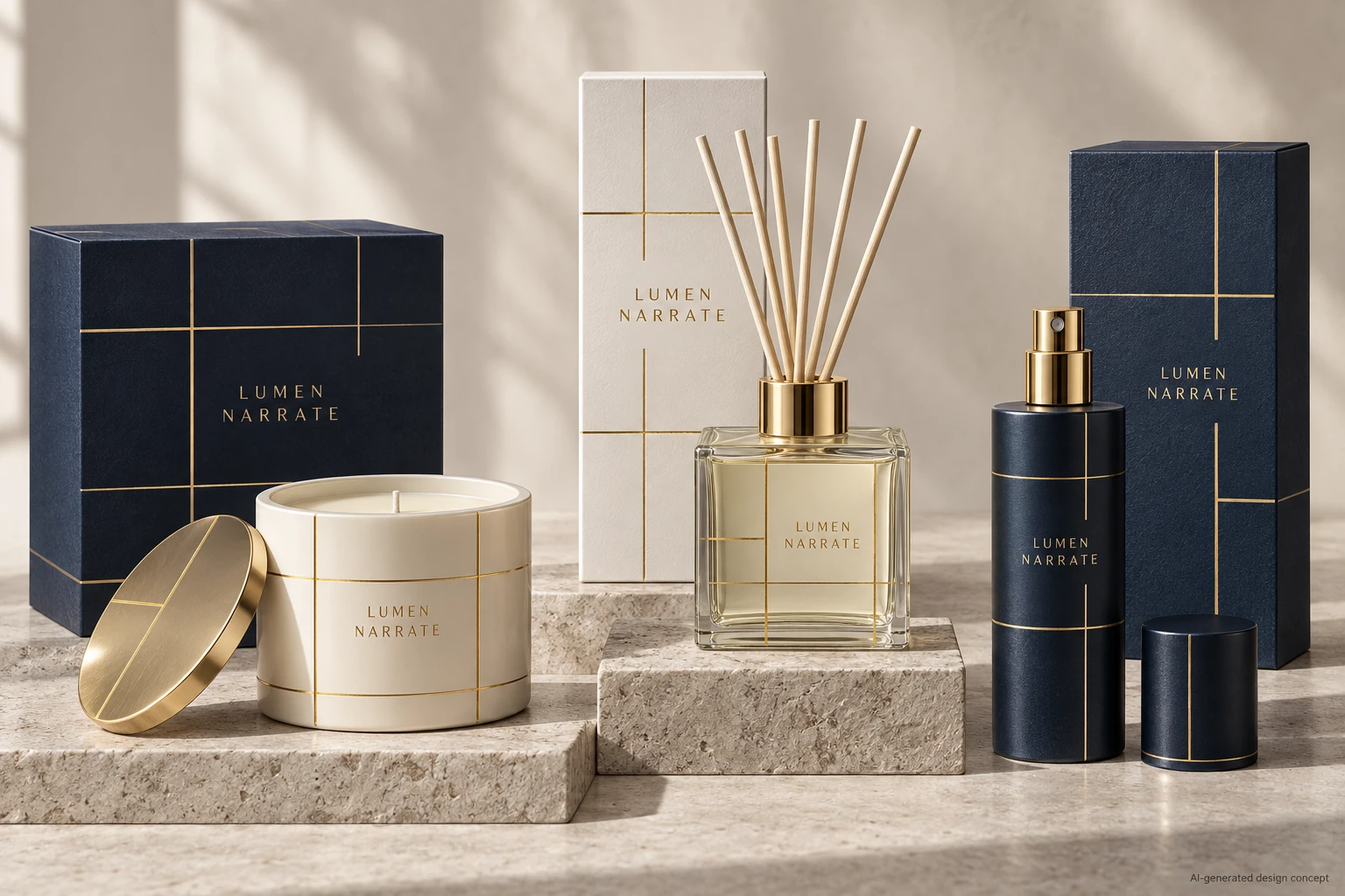 AI design concept: Architectural Lines — Clean proportions, ink blue and fine gold grids.