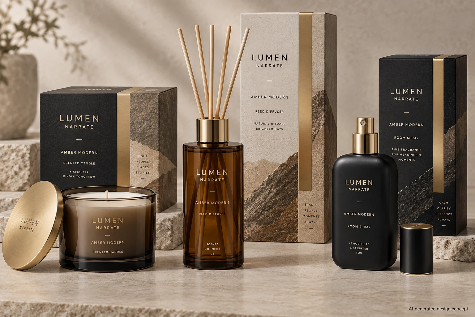 AI design concept: Amber Modern — Smoky amber, warm stone, matte black. Modernist cylindrical precision, satin-gold vertical bands, carefully proportioned textured carton panels.