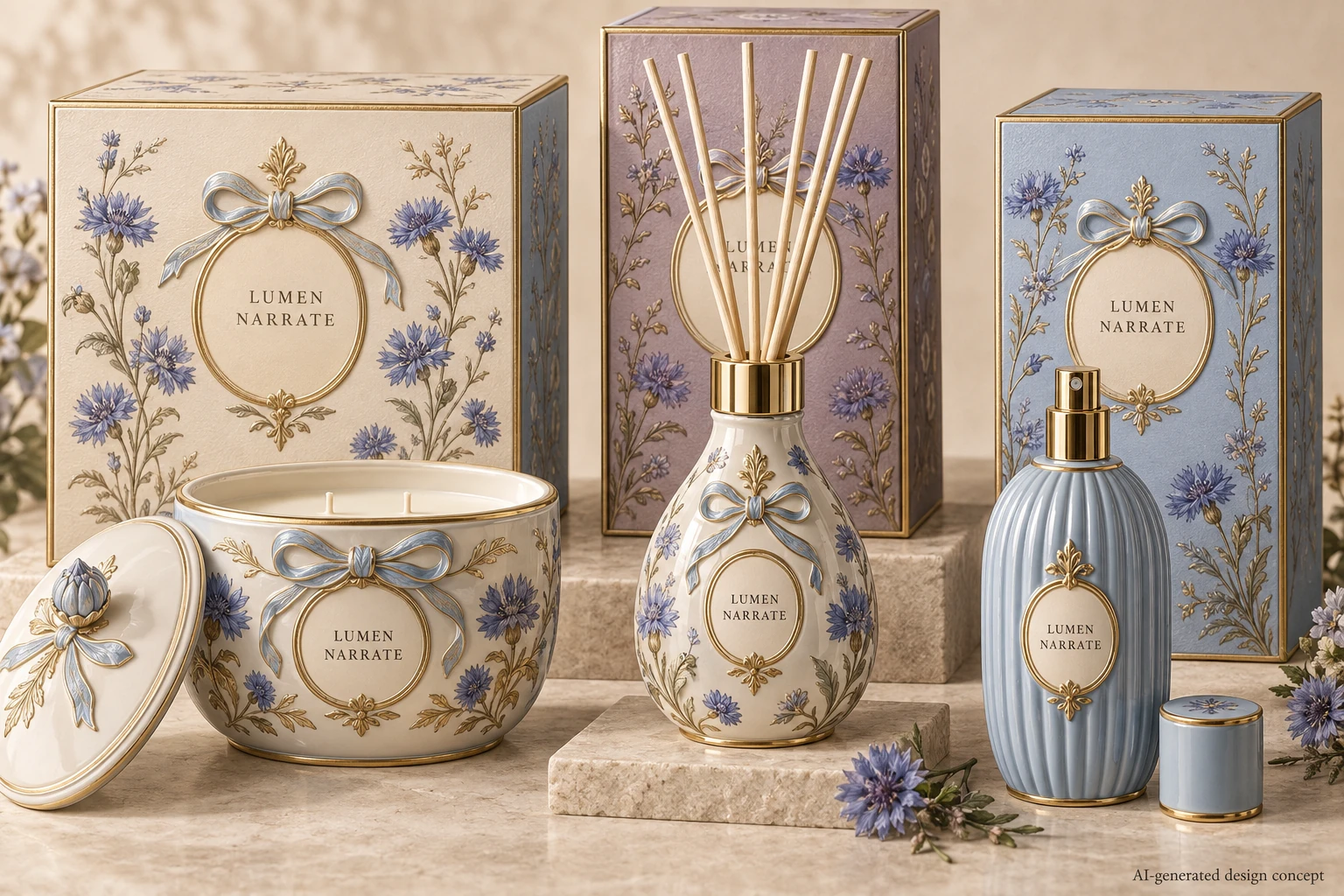 AI design concept: Garden Porcelain — Cornflowers, ribbon relief and powder-blue glaze.