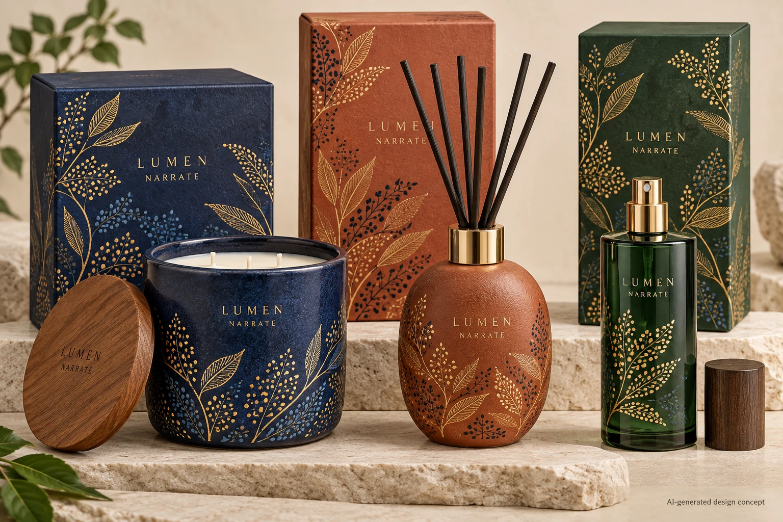 AI design concept: Botanical Textile — Indigo, terracotta and original textile-inspired foliage.