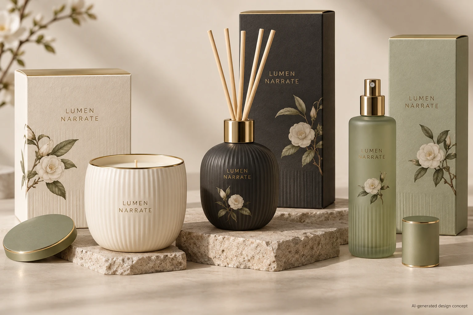AI design concept: Quiet Camellia — Small rounded forms, camellia accents and matcha tones.