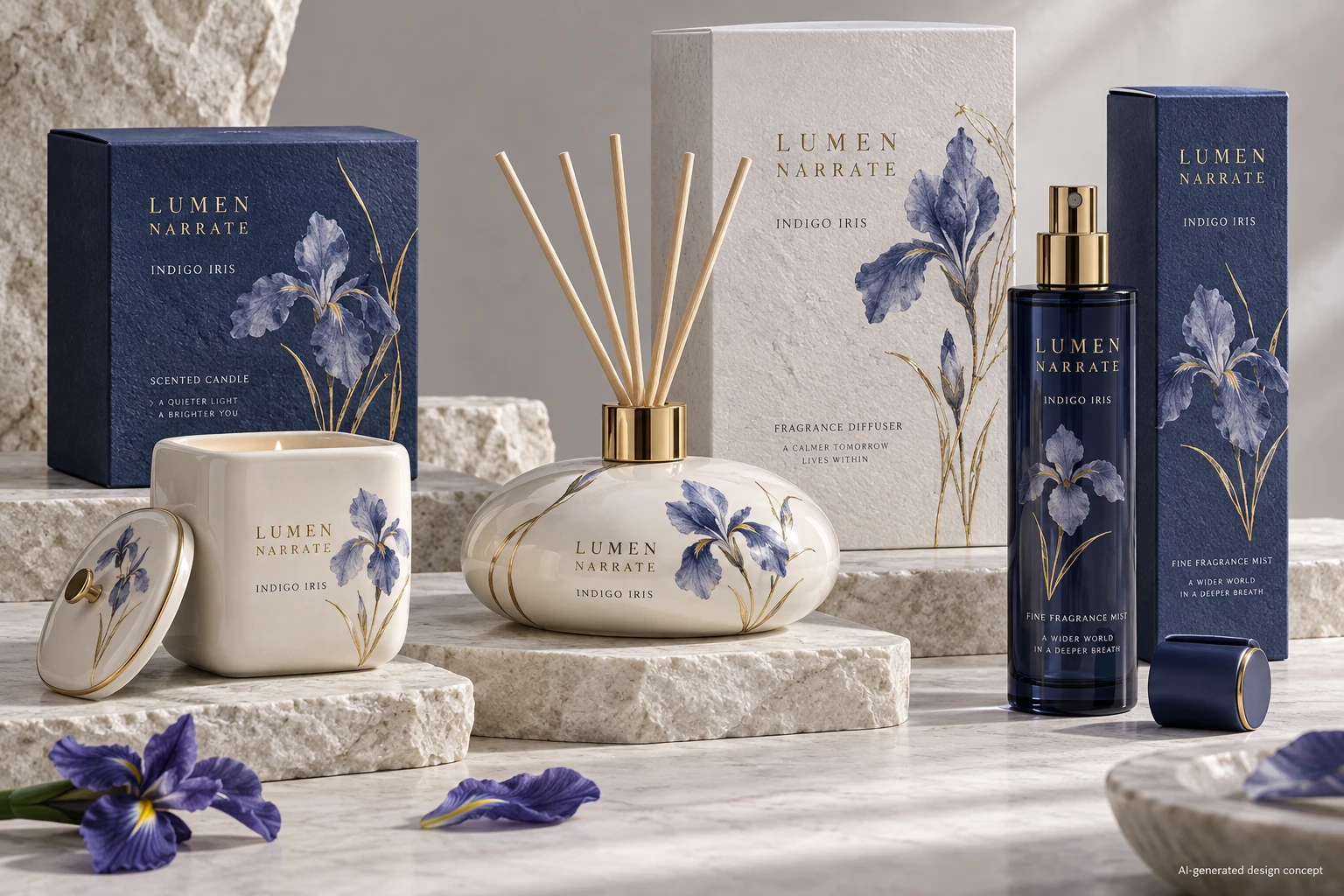 AI design concept: Indigo Iris — Indigo blue, porcelain ivory, pale grey. Delicate original iris brush-style illustration, fine gold stems, disciplined negative space and textured paper boxes.