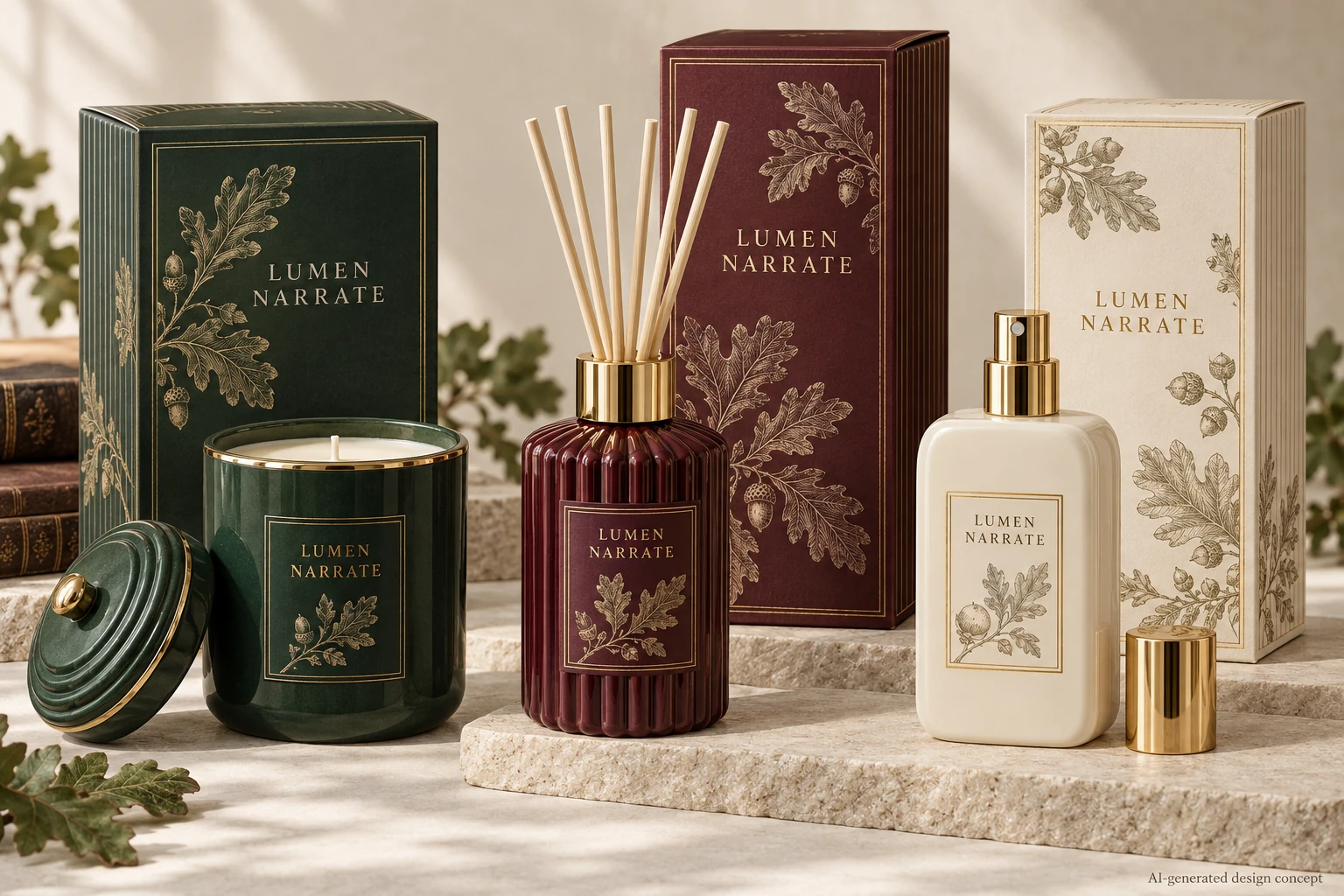 AI design concept: Botanical Library — Oak-leaf engraving, burgundy and forest green.