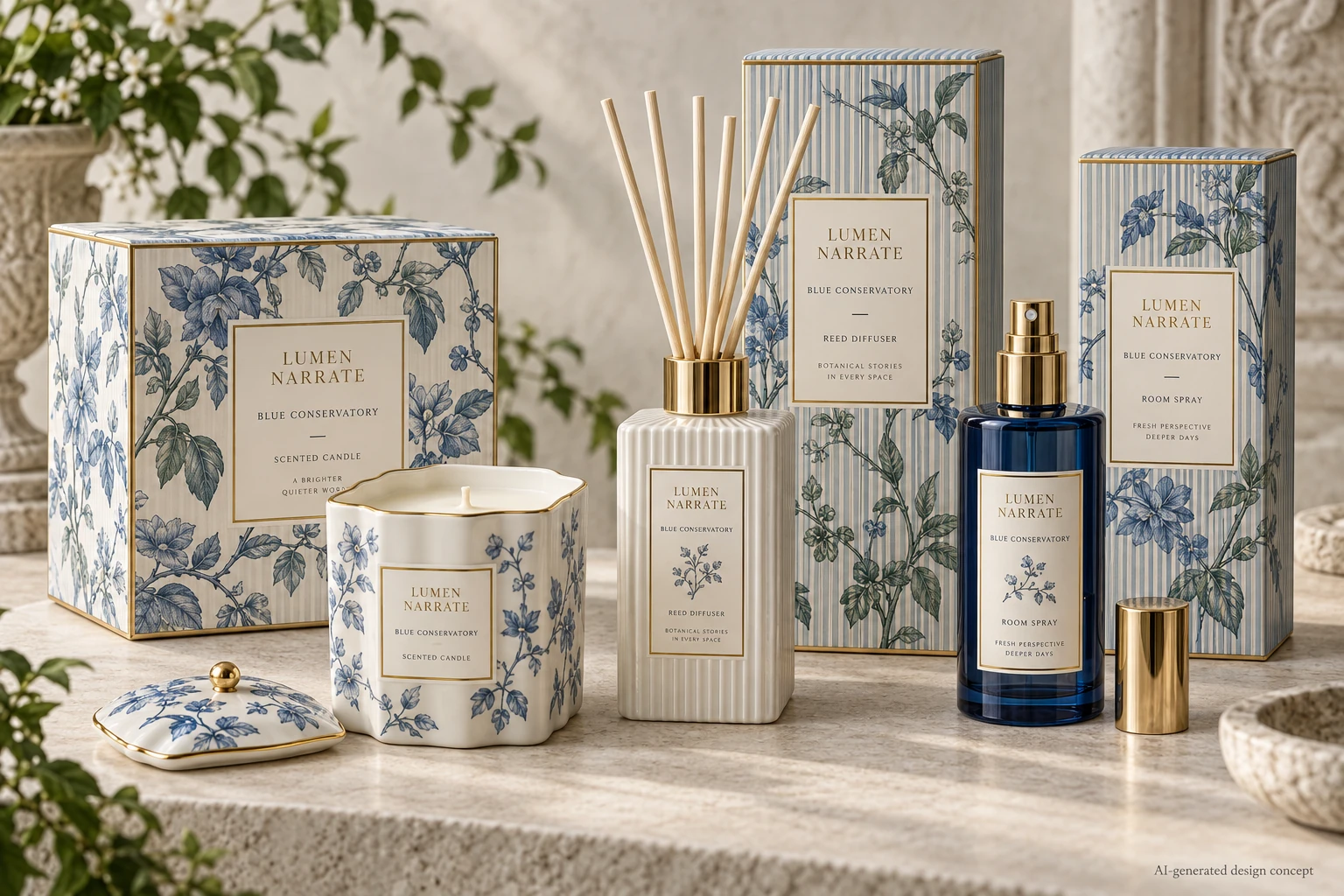 AI design concept: Blue Conservatory — Porcelain blue, ivory and muted sage. Original climbing garden vines, fine blue botanical engraving with gold accents and narrow striped boxes.