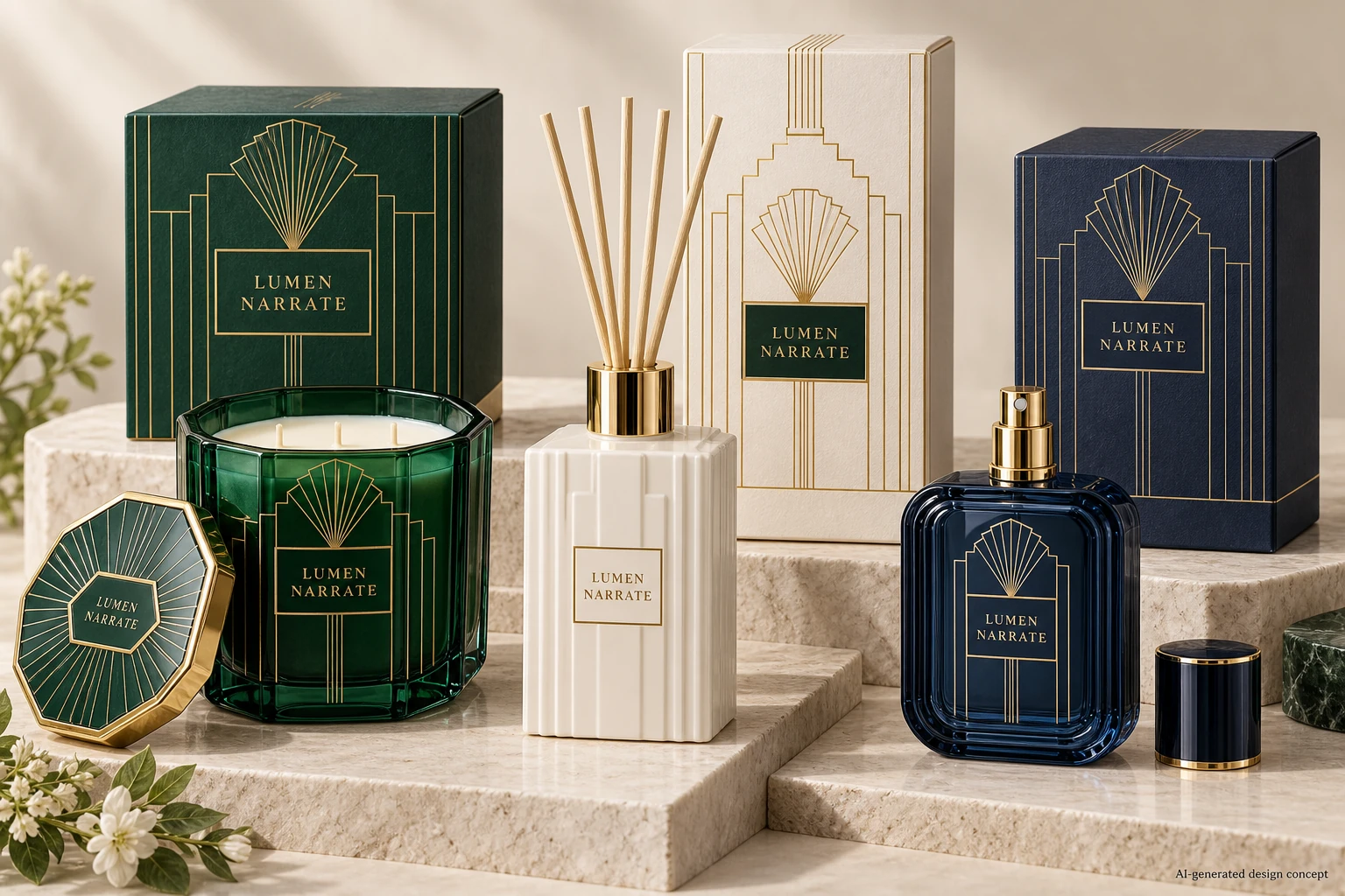 AI design concept: Architectural Deco — Emerald, navy and precise gold geometry.