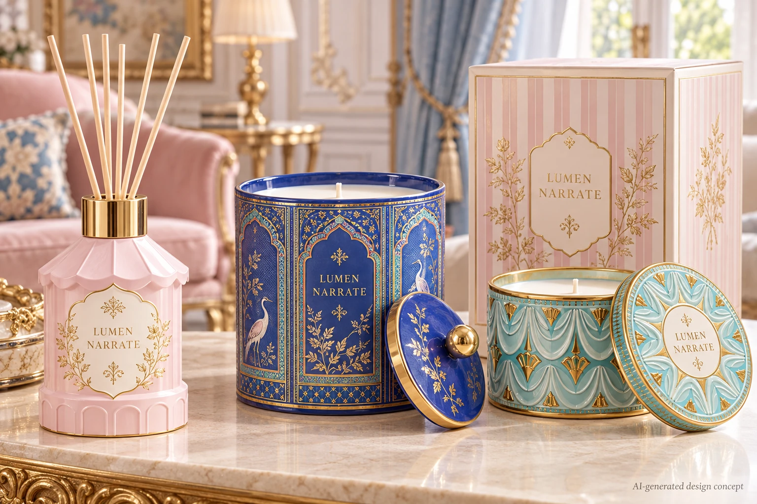 AI design concept: Ornamental Gold Collection — Blush pink, cobalt and mint with gold relief and decorative gift packaging.
