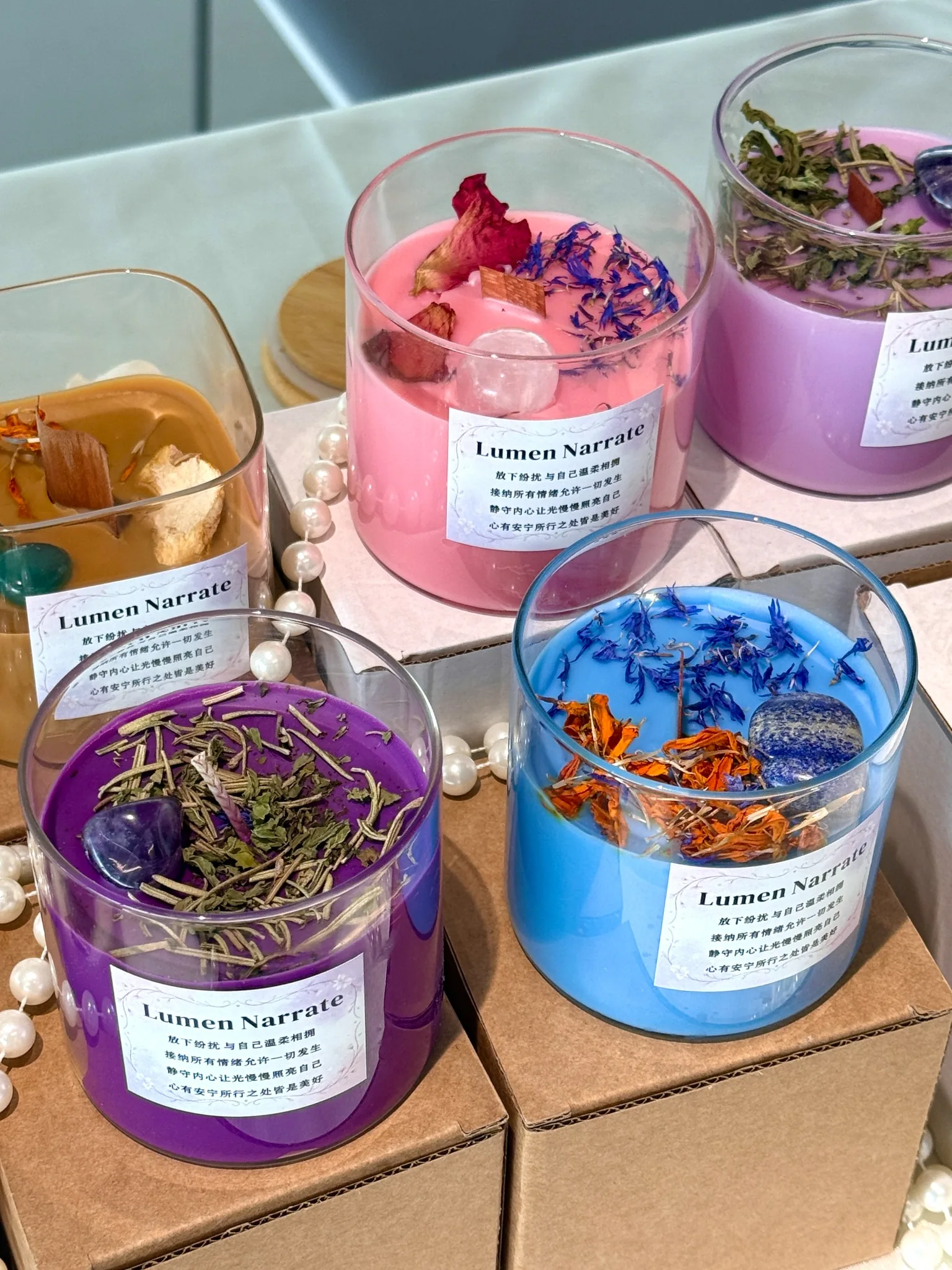Wellness-inspired candle display for brand event and private label presentation