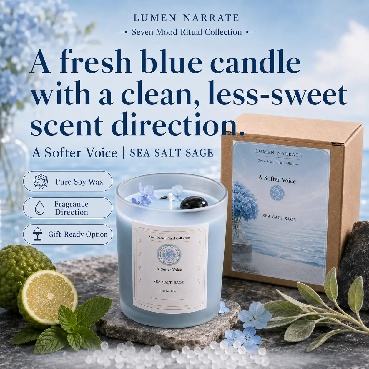 A Softer Voice sea salt sage candle in English packaging