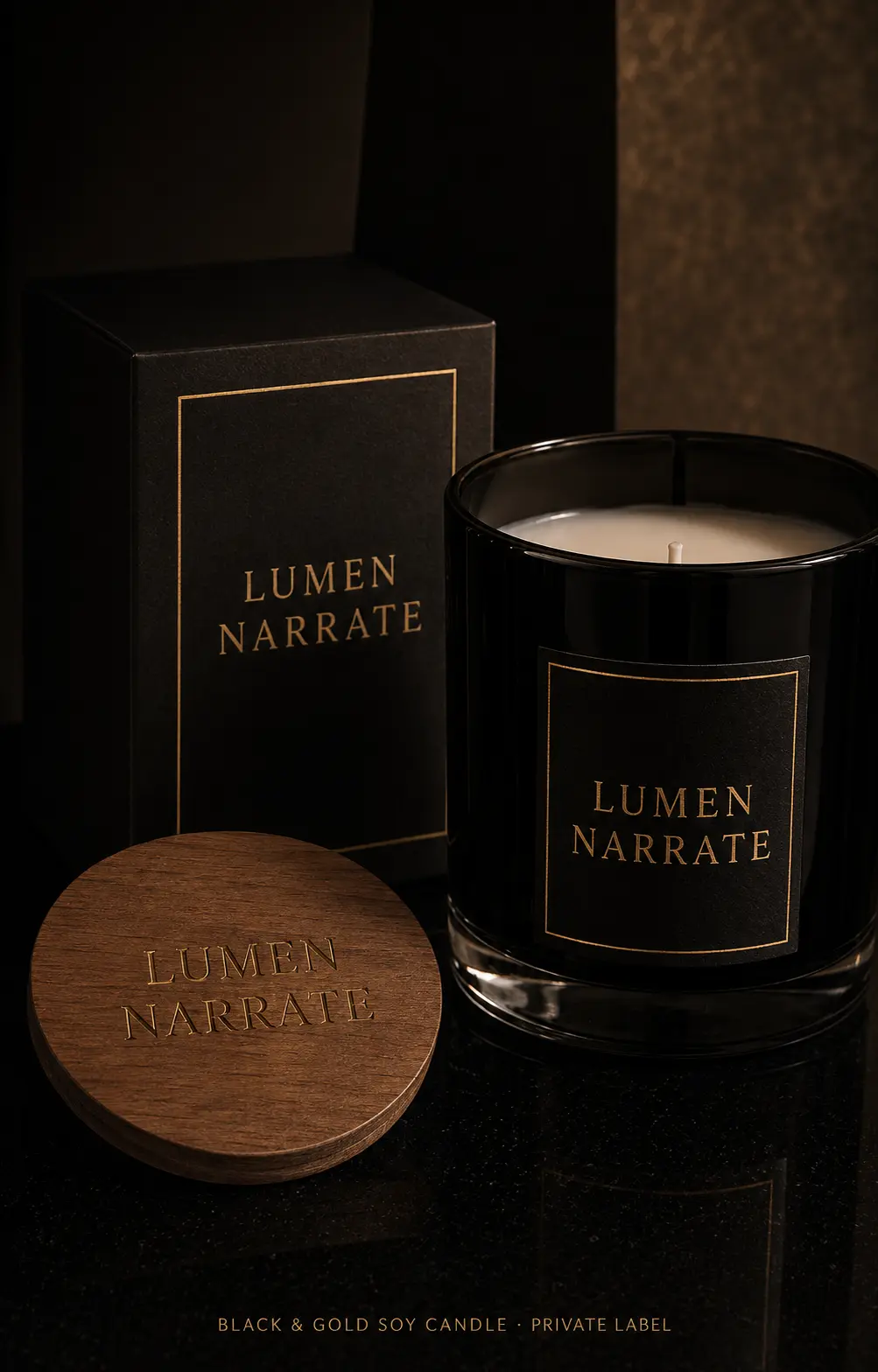 Lumen Narrate black glass soy candle with wood lid and gift box