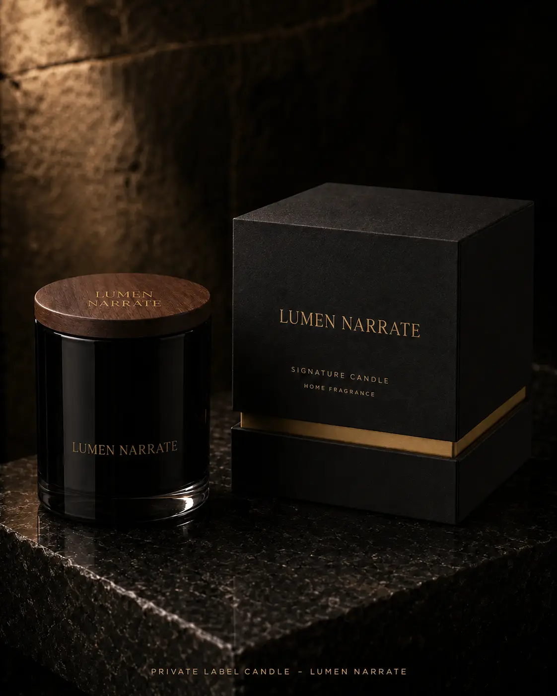 Lumen Narrate black glass soy candle with wood lid and black gold packaging