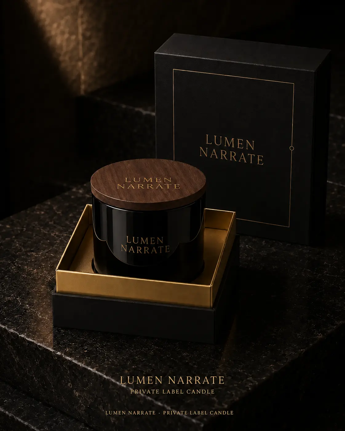 Lumen Narrate black and gold candle packaging presentation