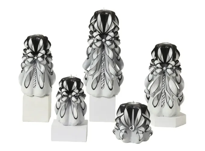 Black and white pearl bow hand-carved pillar candle