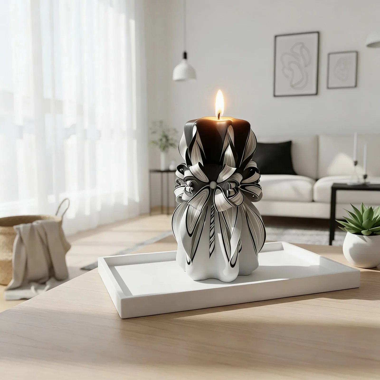 Black and white pearl bow hand-carved pillar candle lit display view