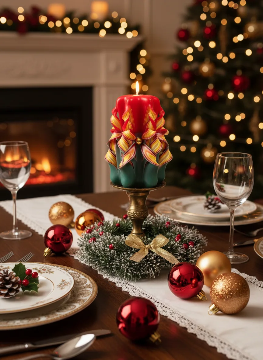 Christmas hand-carved candle dinner table scene
