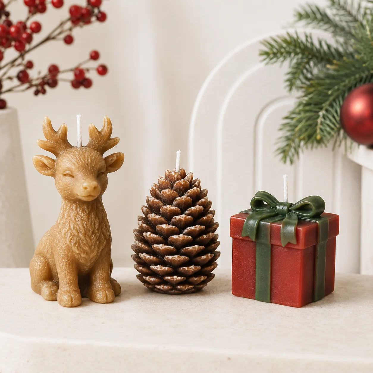 Reindeer pinecone and gift shaped candles