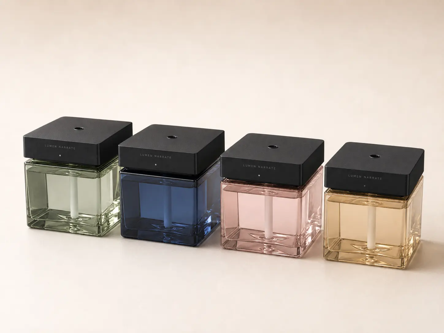 Clap-controlled electronic fragrance sprayer visual color directions in sage green, navy blue, blush pink and champagne gold