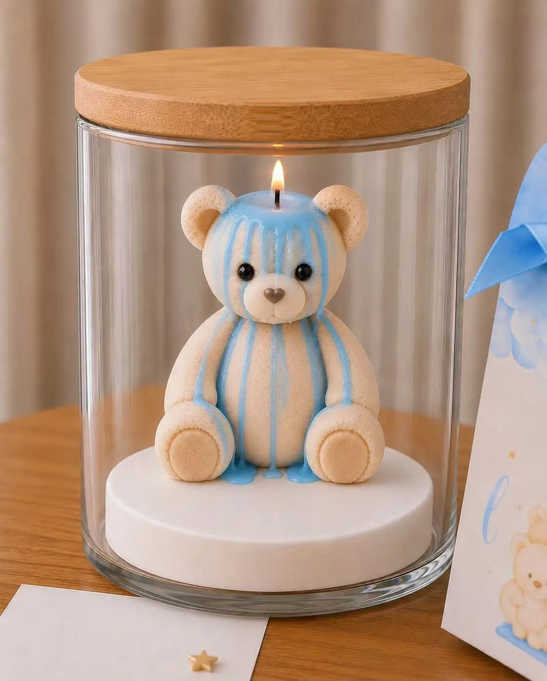 Blue-finished teddy bear candle customization reference