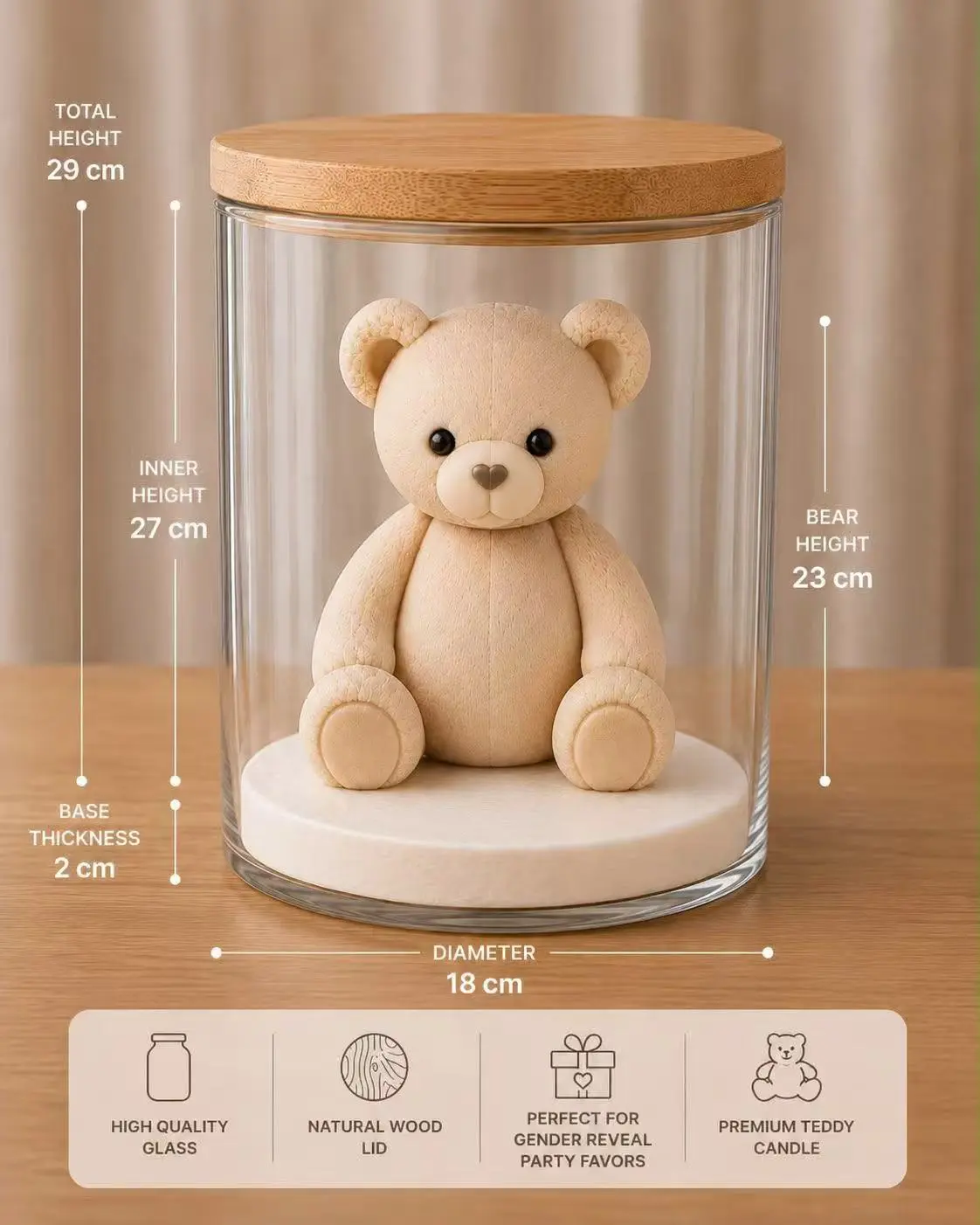 Reference dimensions for a teddy bear candle and cylindrical glass display jar