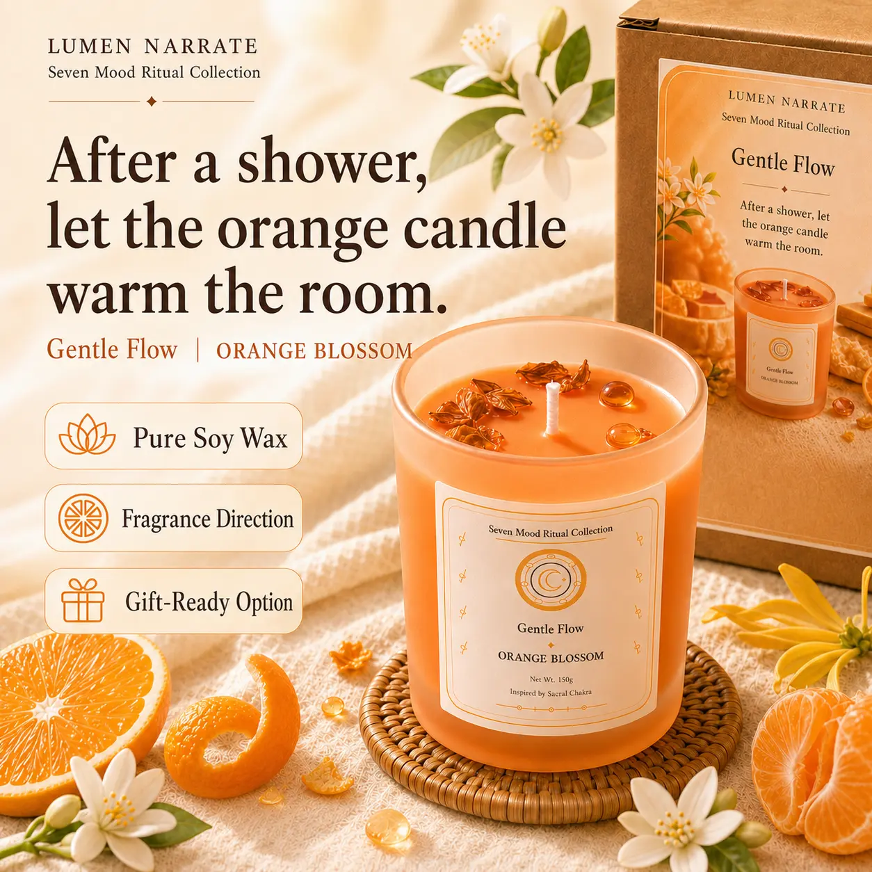 Gentle Flow orange blossom candle in English packaging