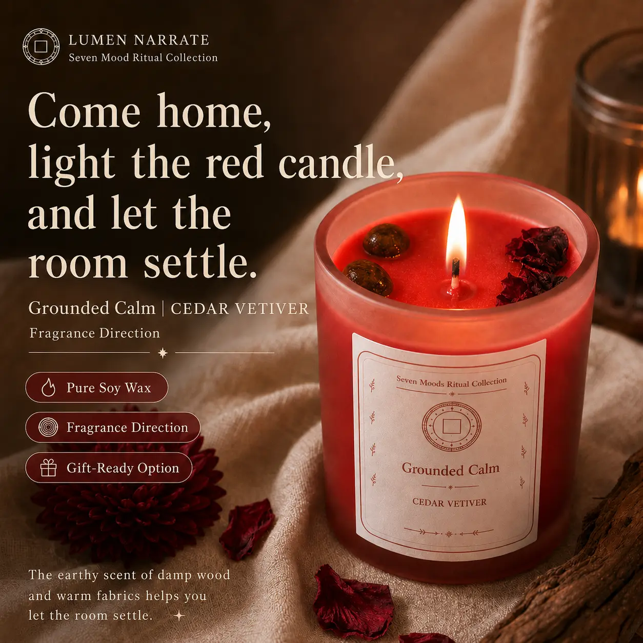 Grounded Calm cedar vetiver candle in English packaging