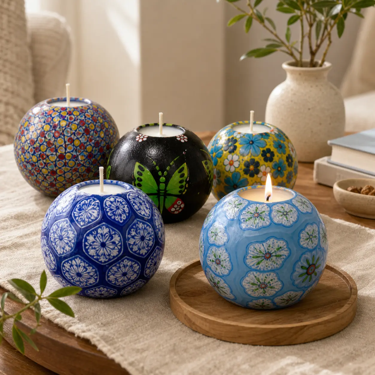 Patterned spherical craft candle collection in blue, floral, butterfly and multicolor designs