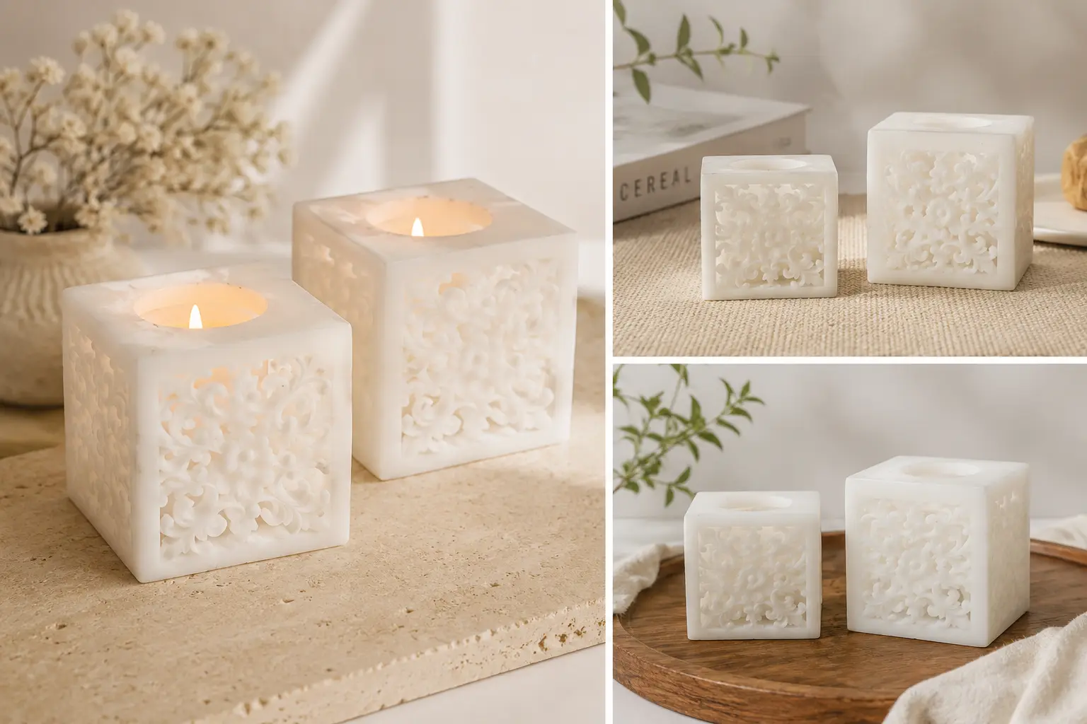 White square hollow-out carved candle holders shown lit and unlit in three home décor scenes