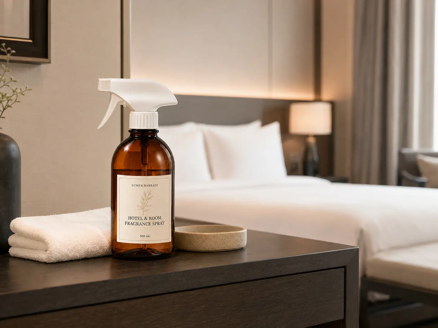 Lumen Narrate hotel and room fragrance spray shown in a guest-room setting