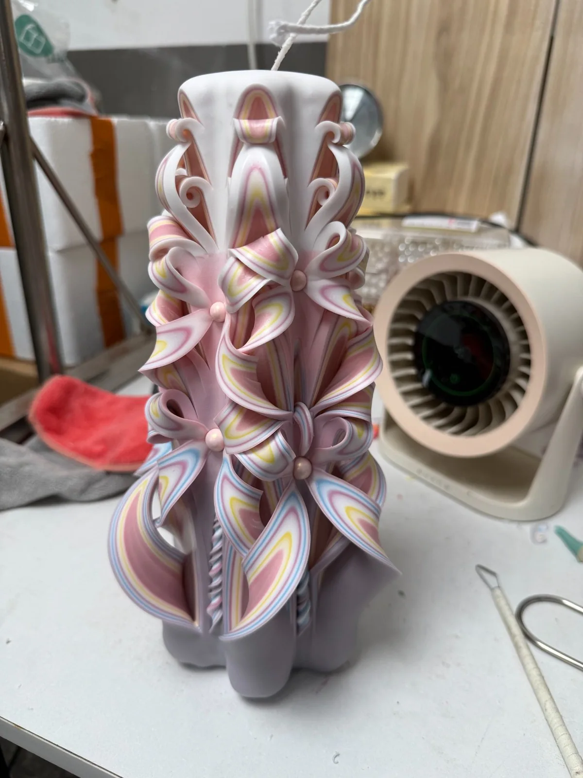 Pearl Bow Hand-Carved Pillar Candle studio view