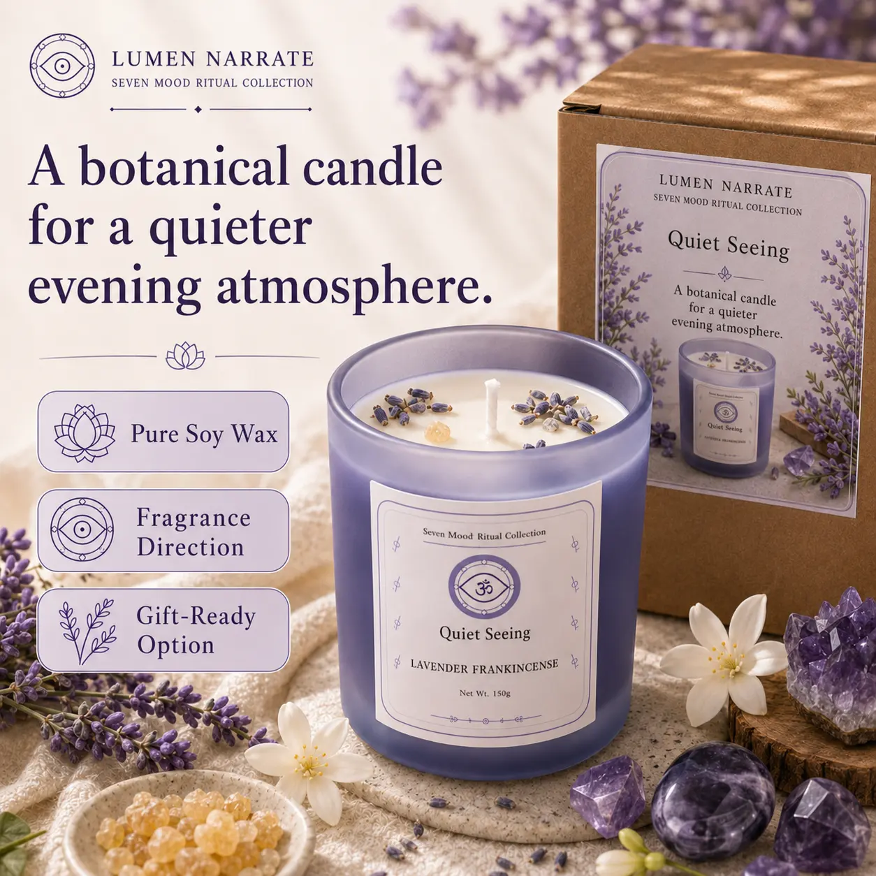 Quiet Seeing lavender frankincense candle in English packaging