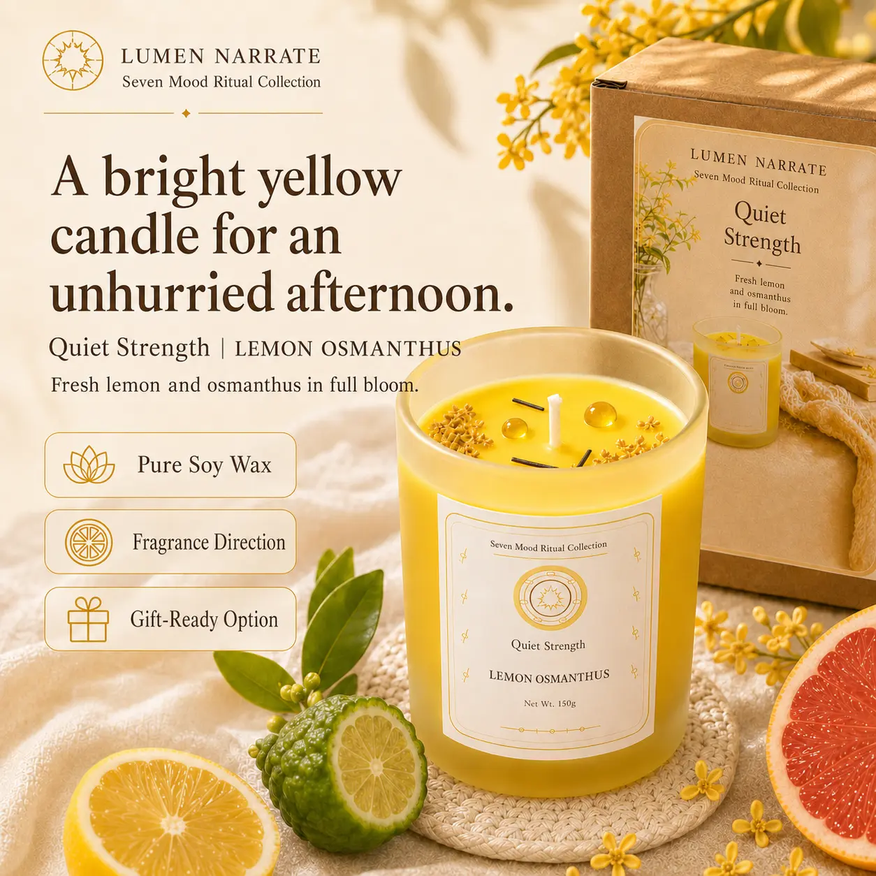 Quiet Strength lemon osmanthus candle in English packaging