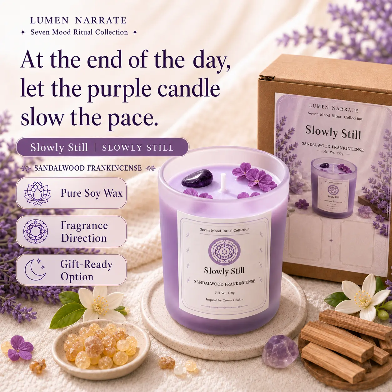 Slowly Still sandalwood frankincense candle in English packaging
