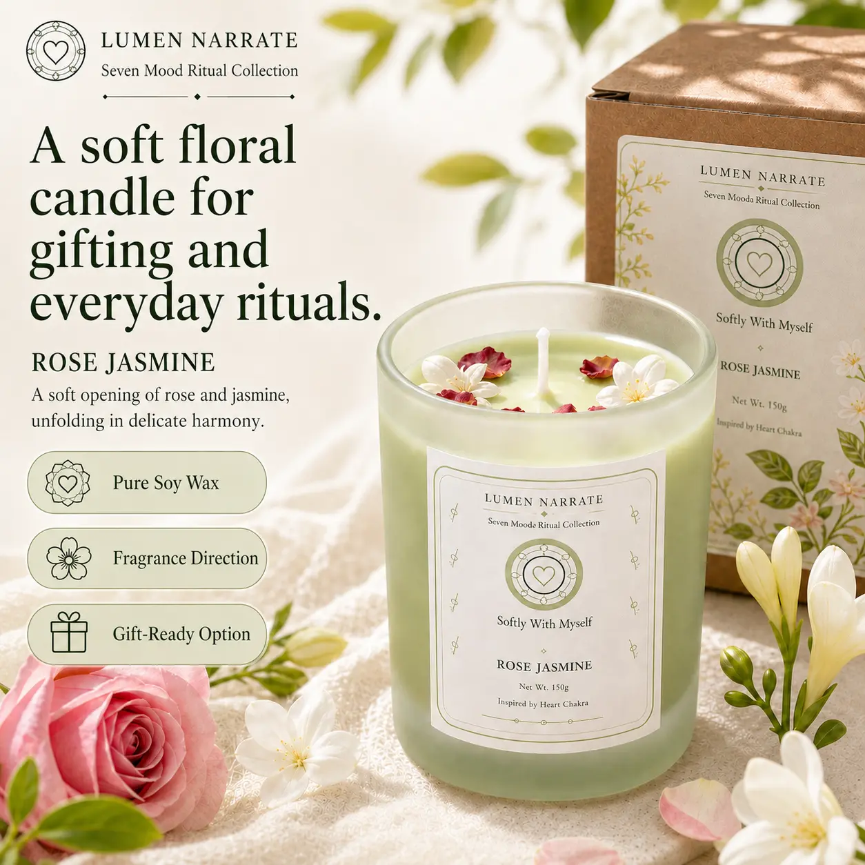 Softly With Myself rose jasmine candle in English packaging