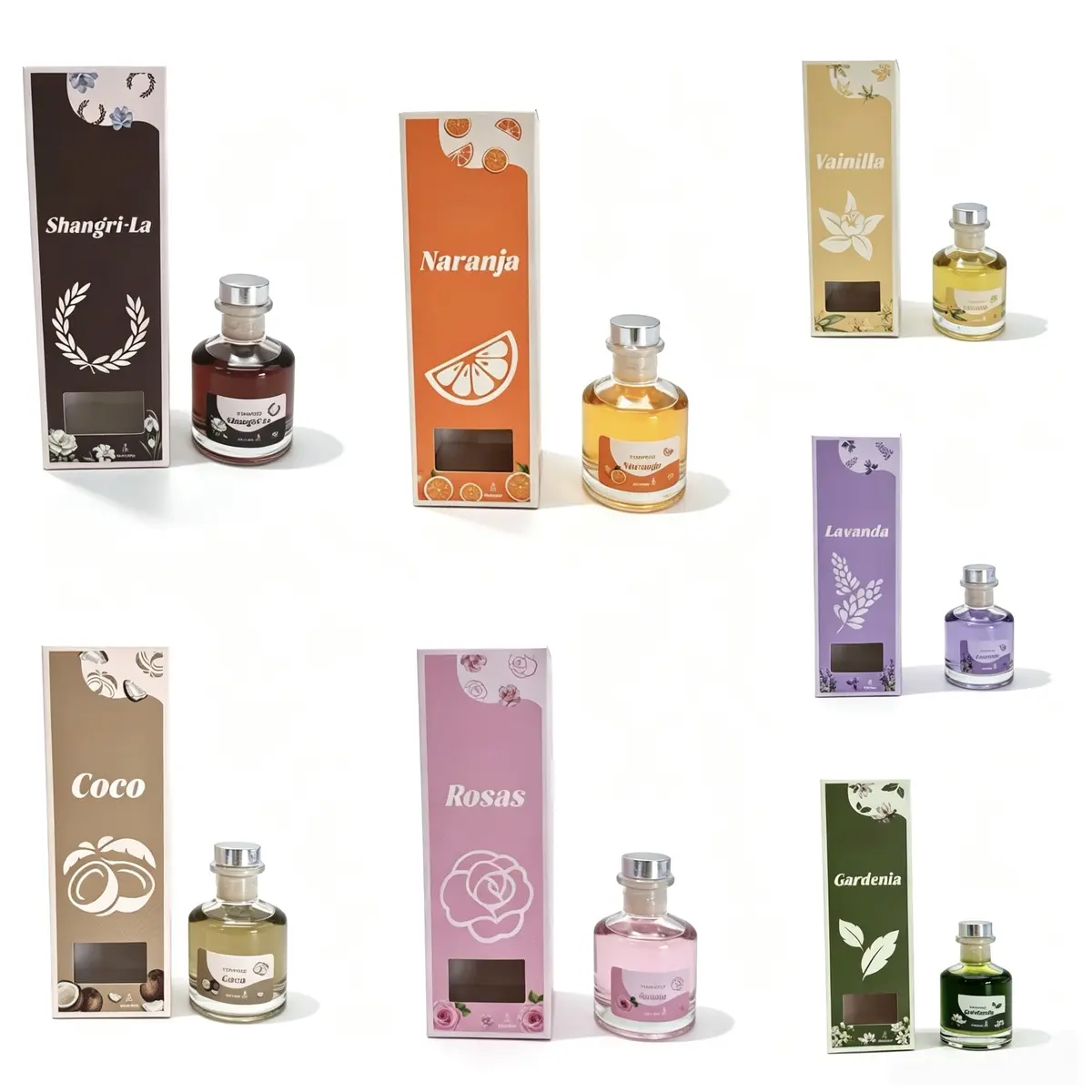 Stock round bottle reed diffusers with retail boxes