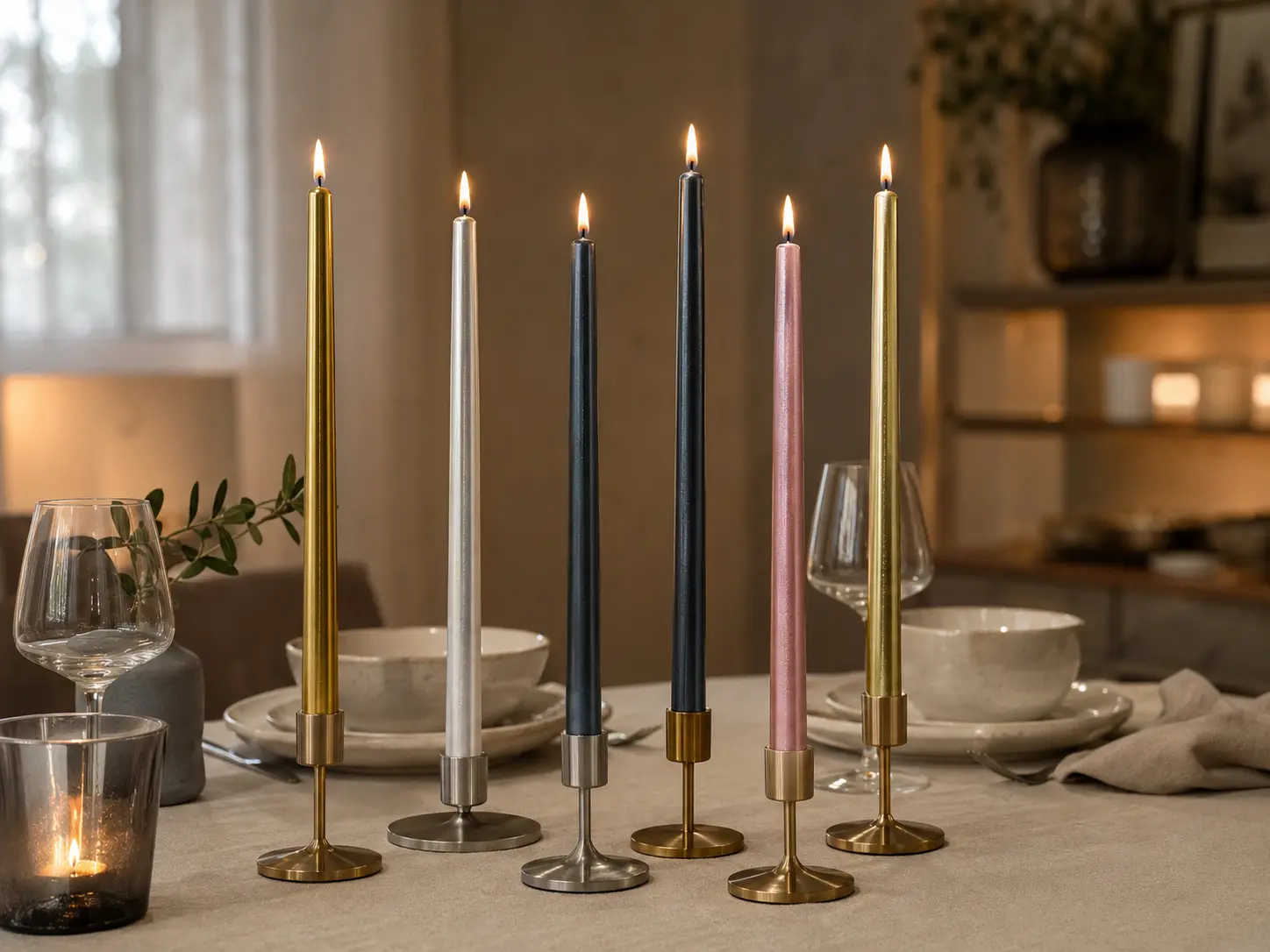 Metallic gold, silver, charcoal and pink taper candles arranged in a dining setting